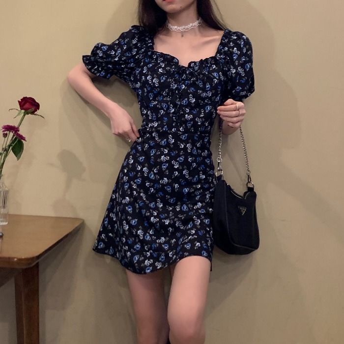 SẴNVáy/đầm tay bồng họa tiết họa nhí dáng ngắn dễ thương chữ A hè hoa lá thắt nơ ngắn tay thời thượng V00021