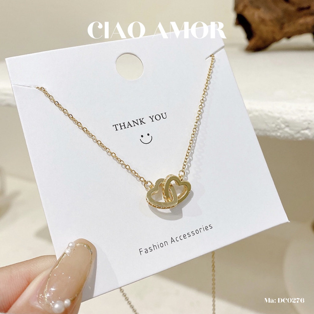Dây chuyền nữ, Vòng cổ titan 2 trái tim đen chéo xinh xắn Trang sức Ciao Amor - DC0276