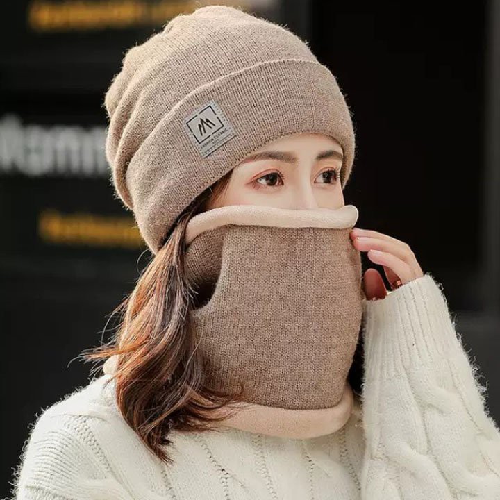 Mũ len trùm đầu nam nữ kèm khăn lót nỉ giữ ấm chống lạnh,chống gió
