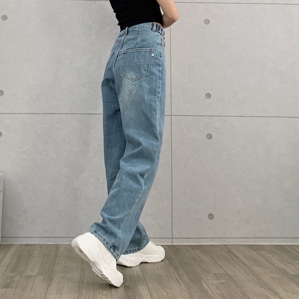 Quần Baggy suông jean nữ ống rộng lưng cao màu xanh đen BEE1500-6F5