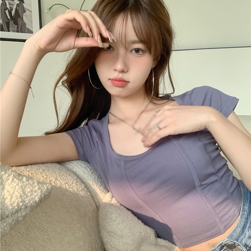 Áo Thun Croptop Cổ Vuông Tay Ngắn Dáng Ôm Thời Trang Mùa Hè Quyến Rũ Cho Nữ