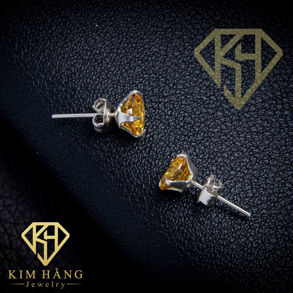 Khuyên Tai Bạc Nụ Tròn Đá Vàng - Chốt Đẩy