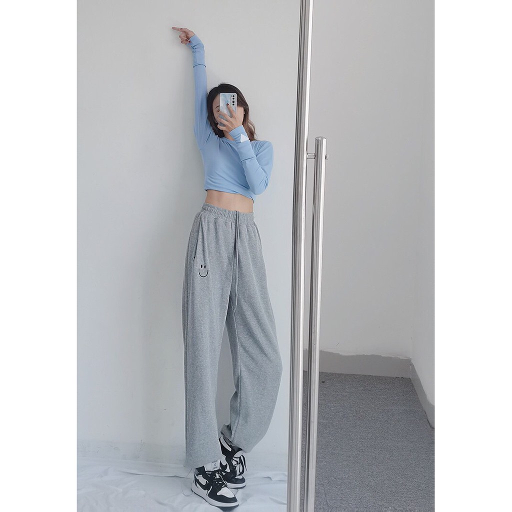 Quần jogger nữ Mặt Cười đen trắng ghi xanhunisex cap cao ống suông rông bo gấu