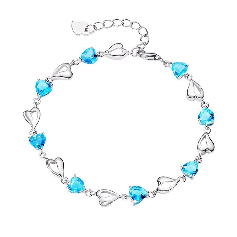 Crystal Blue Silver S925 Ladies Bracelet Simple Heart-shaped Heart-to-Heart Handheld