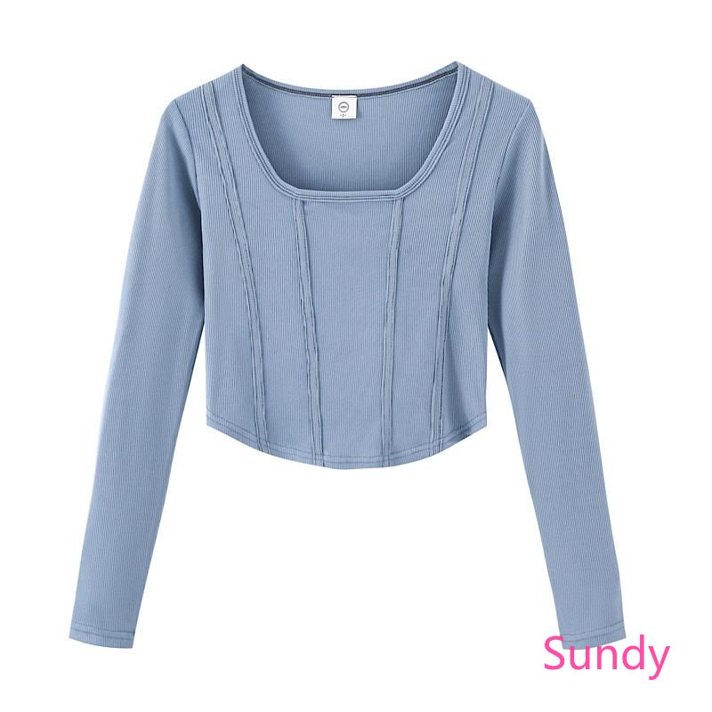 Áo Thun Dài Tay Cổ Vuông Họa Tiết Kẻ Sọc Thời Trang Xuân Thu Cho Bé Gái