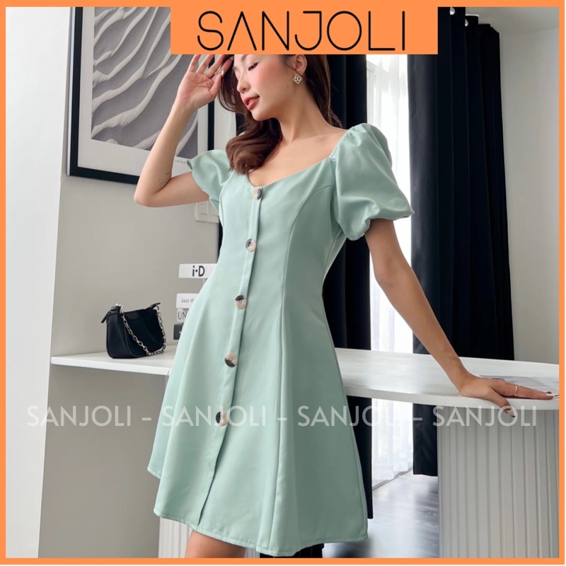 Váy Dự Tiệc SANJOLI Đầm Công Sở Tay Phồng Dáng Dài Thiết Kế Hàng Nút Cao Cấp Kiểu Công Chúa Ulzzang Đi Chơi Biển VD026