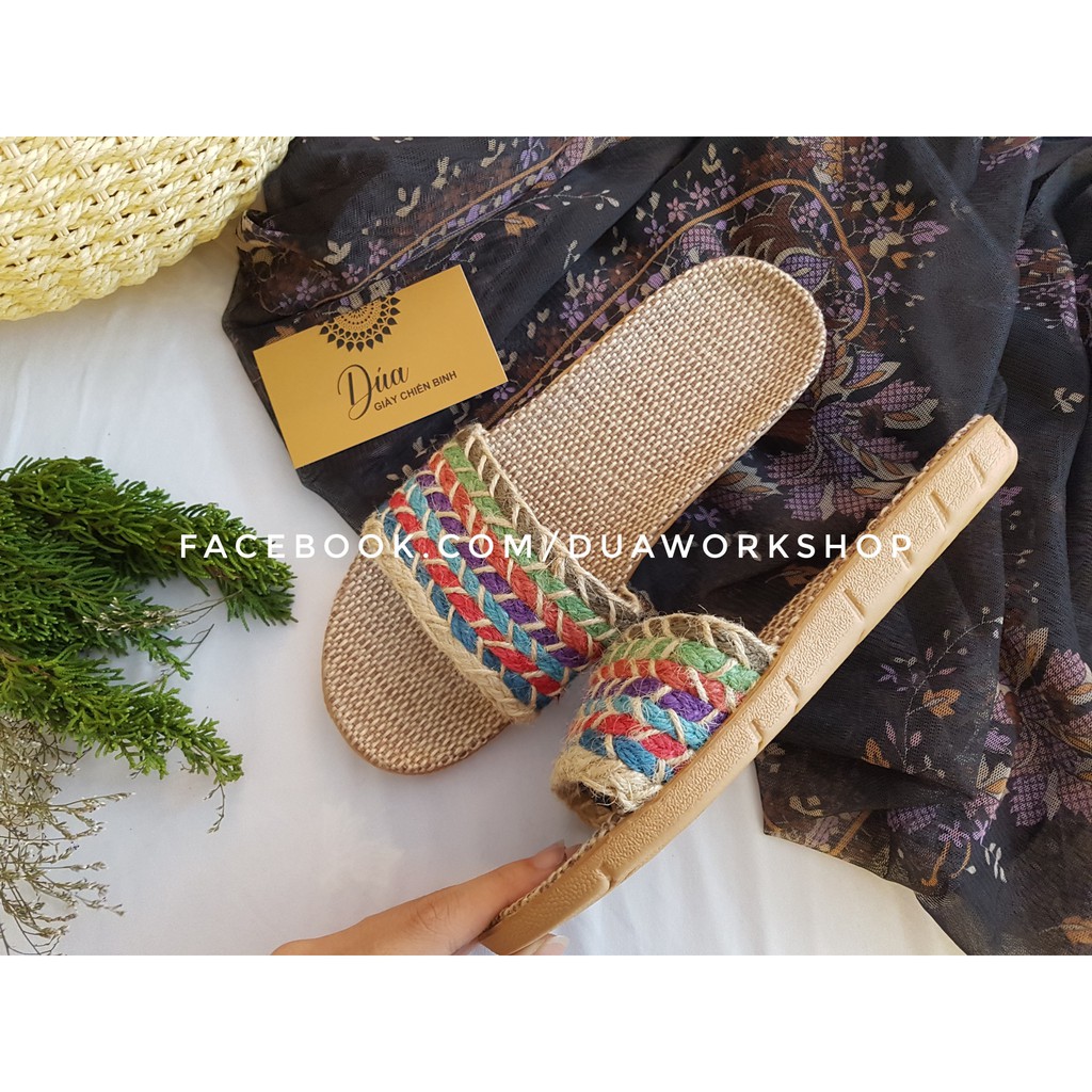 Dép Cói Quai Ngang Thổ Cẩm Vintage, Dép Đi Biển