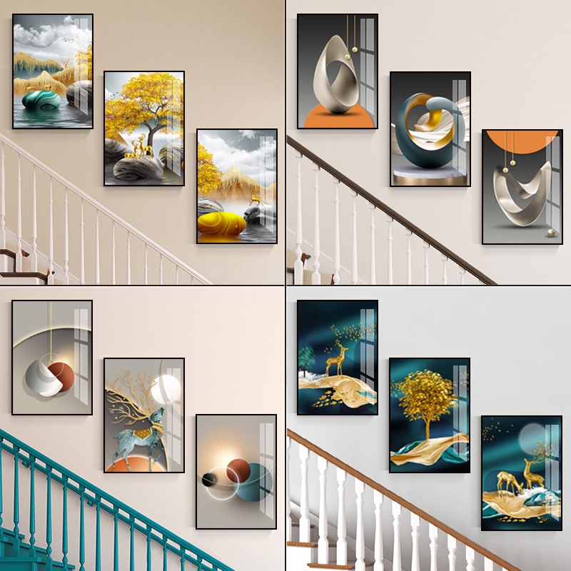 T40 Bộ 3 Tranh Treo Tường Cầu Thang/ Phòng Khách/ Cá Cờ Và Hươu Sao Kim Tiền Decor Phòng Ngủ Đại Sảnh Quà Tân Gia
