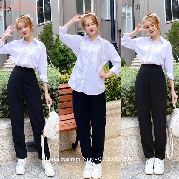 Quần tây baggy đi học nữ lưng cao cạp có đai màu xanh đen dáng dài - Quần baggy vải học sinh dày co giãn nhẹ mặc đi học