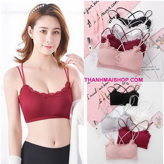 Áo ngực bralette AL001 thun gân tăm viền ren dây vai đôi đan chéo kèm mút ngực