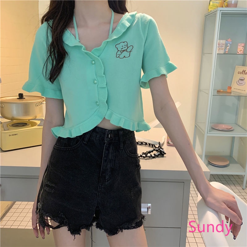 Áo croptop dệt kim hoạ tiết gấu đáng yêu ngọt ngào cho nữ