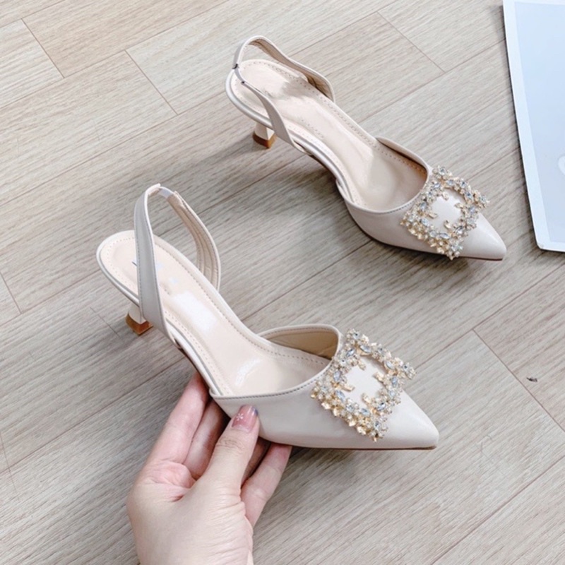 Giày cao gót hoa đá 3 phân mũi nhọn, sandal cao gót đính đá 3cm Chị Đẹp Store mã CD31