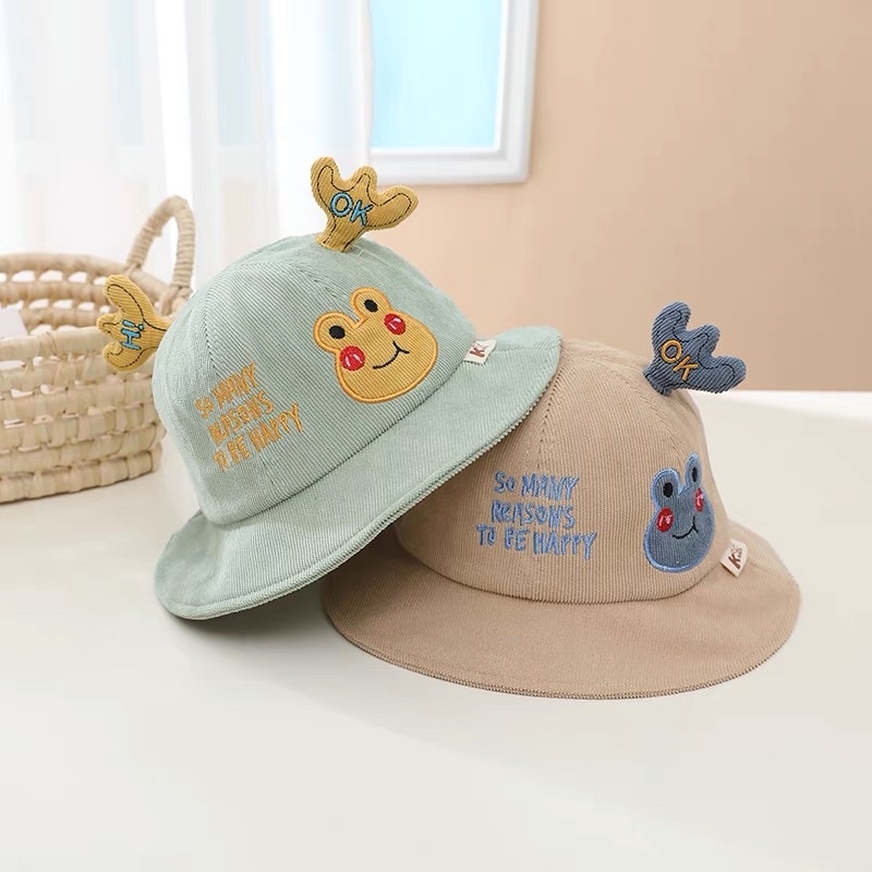 Mũ vành tròn cho bé trái bé gái thêu ếch tai sừng dễ thương , phù hợp 5 tháng - 4 tuổi
