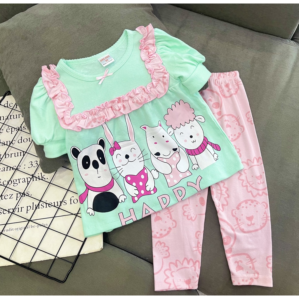[12-24kg]Đồ bộ bé gái babydoll tay ngắn quần dài chất thun cotton borip xuất dư mền mịn mát