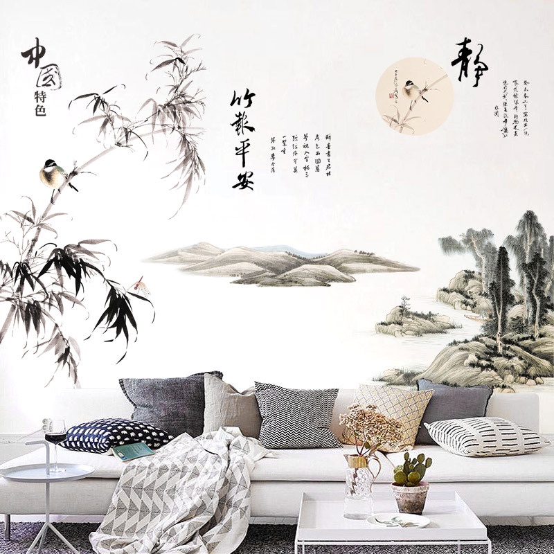 Decal dán tường tranh Phong thủy 3D tre núi TO NHẤT