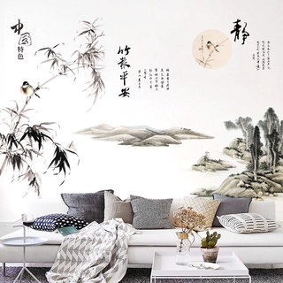 Decal dán tường tranh Phong thủy 3D tre núi TO NHẤT