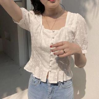 Áo Kiểu Tay Ngắn Cổ Vuông Nhún Bèo Xinh Xắn Cho Nữ