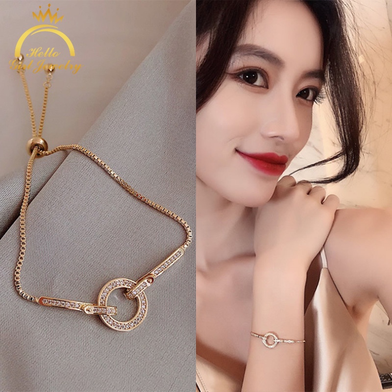 Vòng tay mặt tròn đính đá zircon dễ phối đồ có thể điều chỉnh thời trang cho nữ