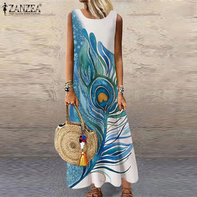 Đầm maxi Zanzea sát nách cổ tròn họa tiết bướm thời trang cho nữ
