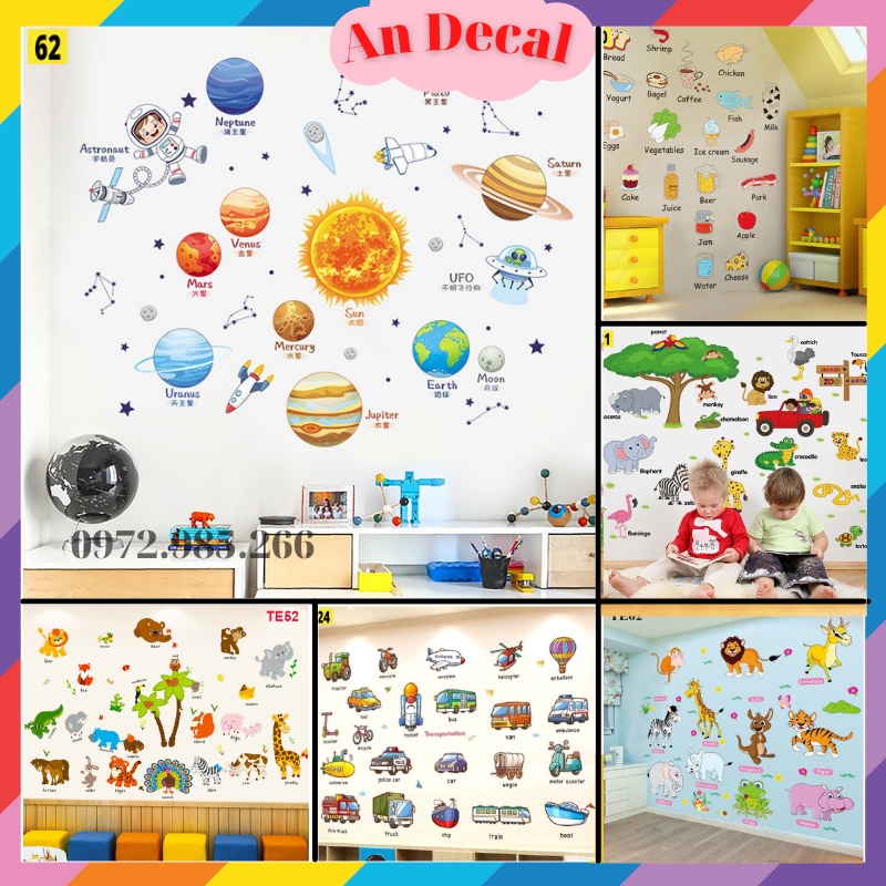 Tranh Decal, Decal Dán Tường Dán Kính Trang Trí Phòng, Lớp Học Cho Bé Các Mẫu Có Kèm Tiếng Anh Nhiều Chủ Đề