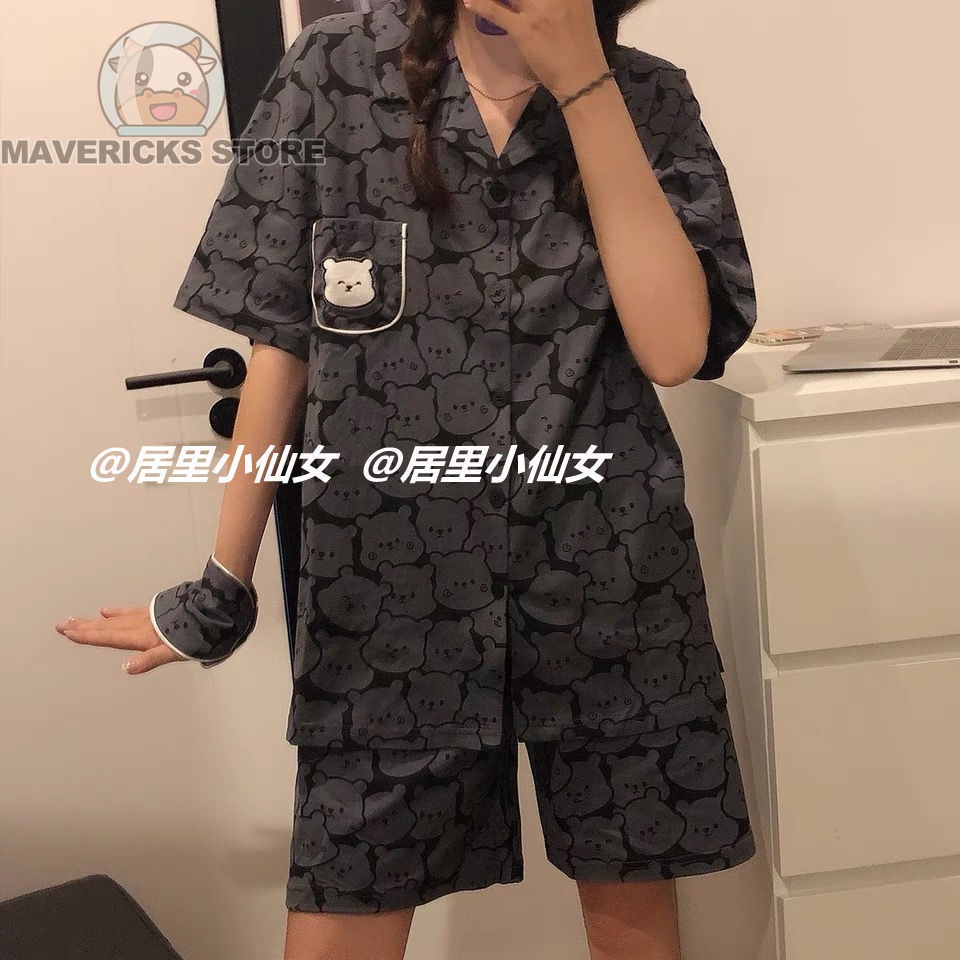 Bộ Đồ Ngủ Ngắn Tay Họa Tiết Gấu Dễ Thương Phong Cách Hàn Quốc