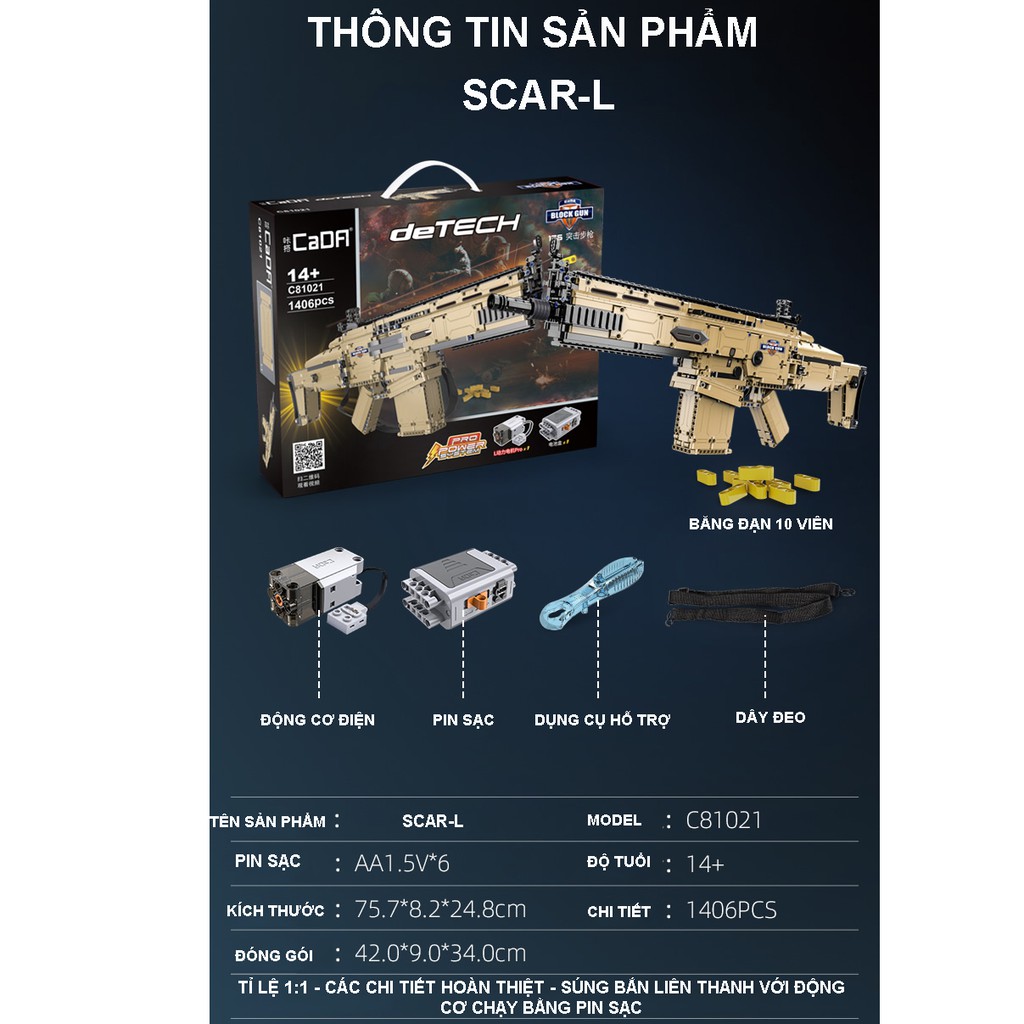 Đồ Chơi Lắp Ráp Kiểu Lego Mô Hình Súng PUBG SCAR-L 1406 Mảnh Ghép - Chế Độ Bắn Liên Thanh Chạy Bằng Động Cơ Pin Sạc