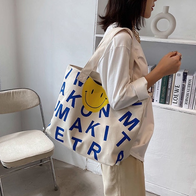 Túi Xách Canvas Sức Chứa Lớn In Họa Tiết Mặt Cười Phong Cách Mới Cho Nữ