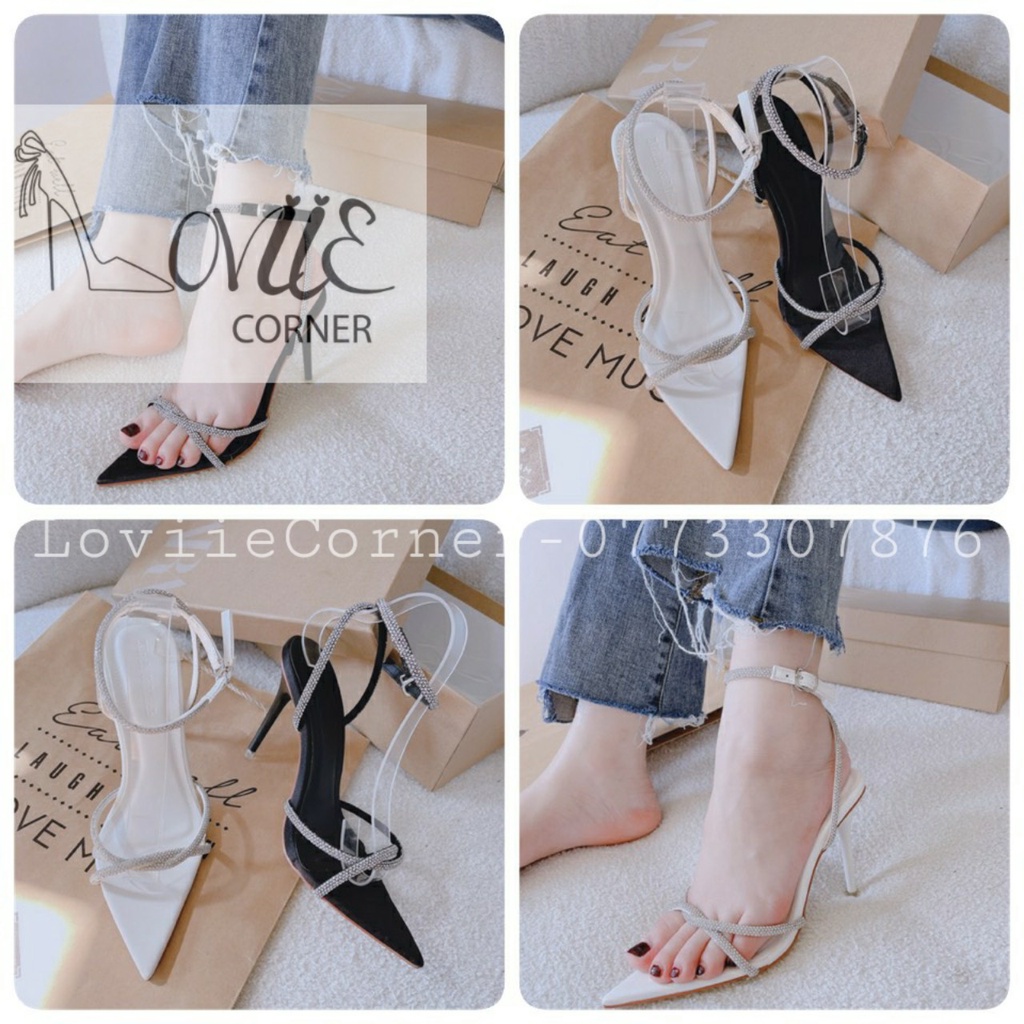 SANDAL CAO GÓT LOVIIECORNER - GIÀY NỮ MŨI NHỌN ĐÍNH ĐÁ 9 PHÂN - GIÀY CAO GÓT QUAI XOẮN 9CM - G220913