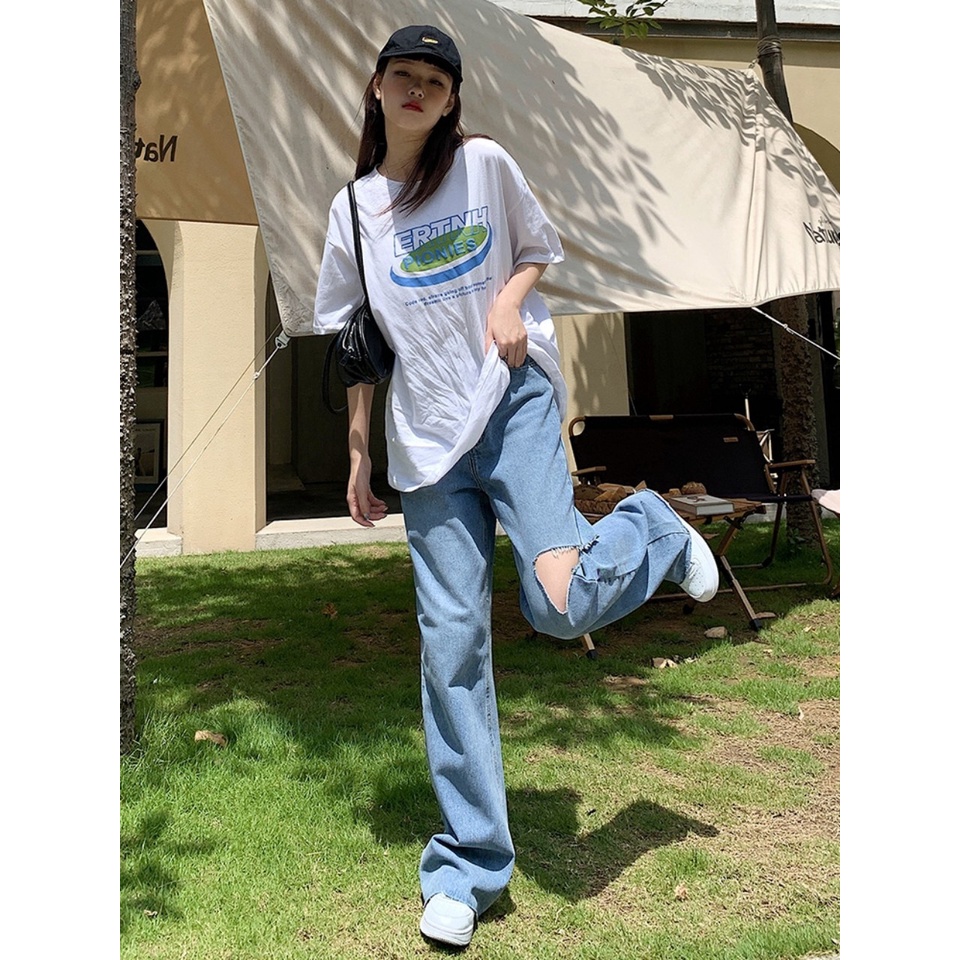 Quần Bò ống Rộng Nữ Cạp Cao quần jeans Baggy Ống Rộng Lưng Cao, Vải Bò Dày Đẹp , Không Giãn ,Rách Sườn Cá Tính