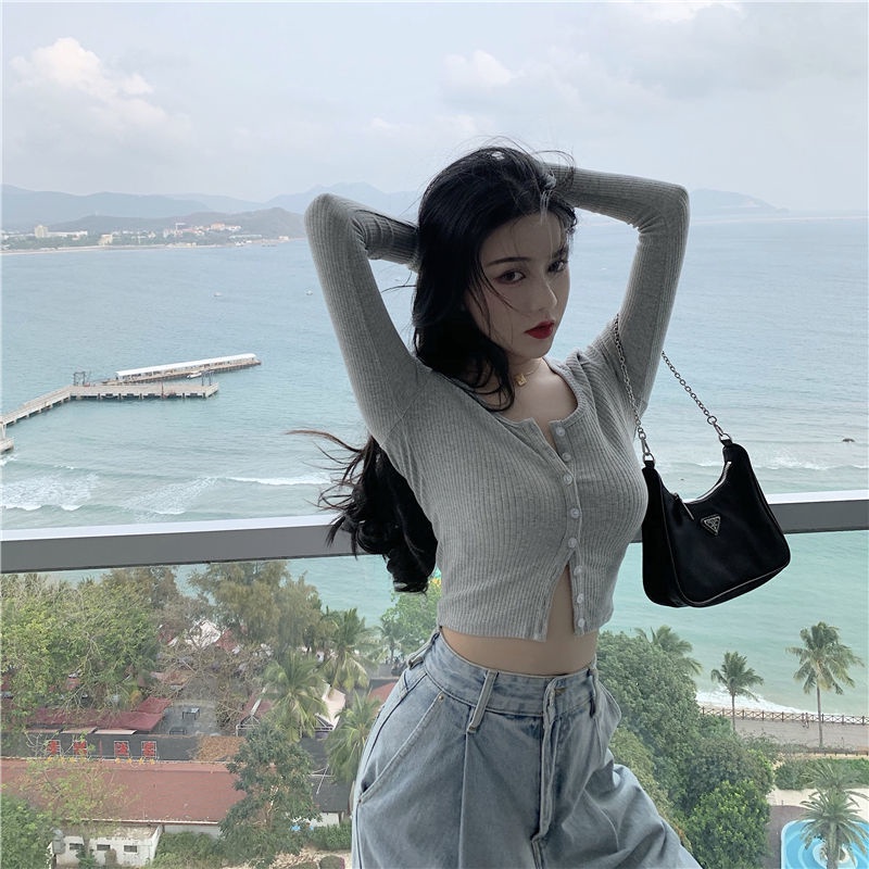 Áo thun cardigan lưng cao tay dài dáng ôm phong cách phương Tây mới