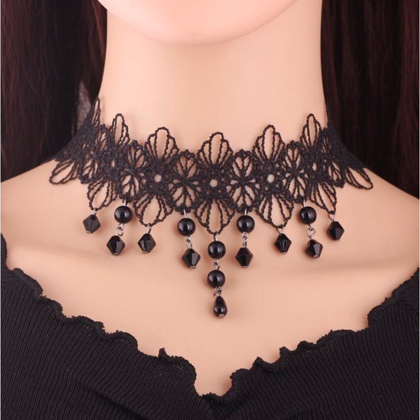 Vòng cổ dây chuyền choker nữ vải ren hoa 4 cánh đính chuỗi ngọc trai nhân tạo phong cách hàn quốc cá tính