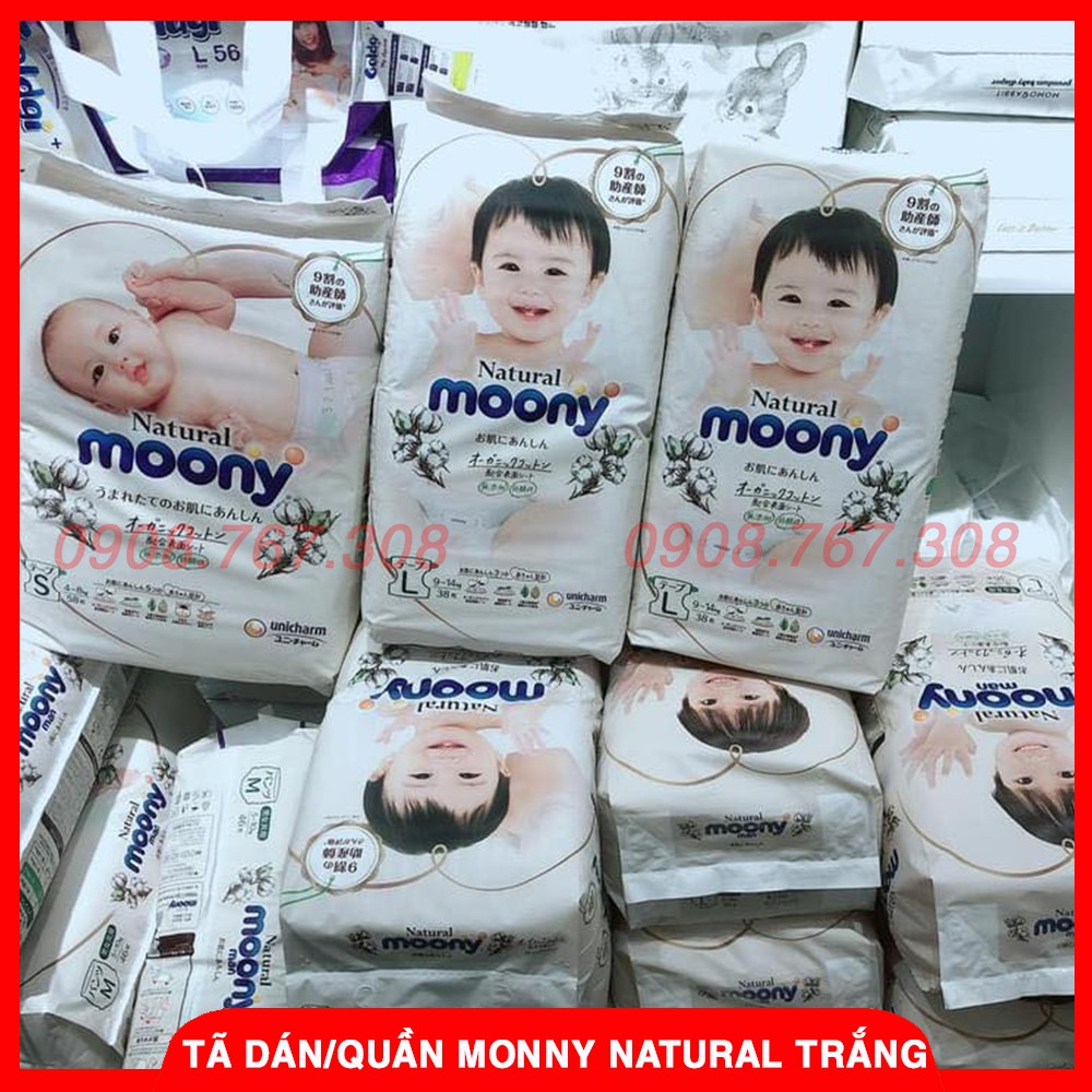 Bỉm Tã Dán /Tả Quần Moony Natural Trắng Cao Cấp Đủ Size NB63/S58/M46/L36