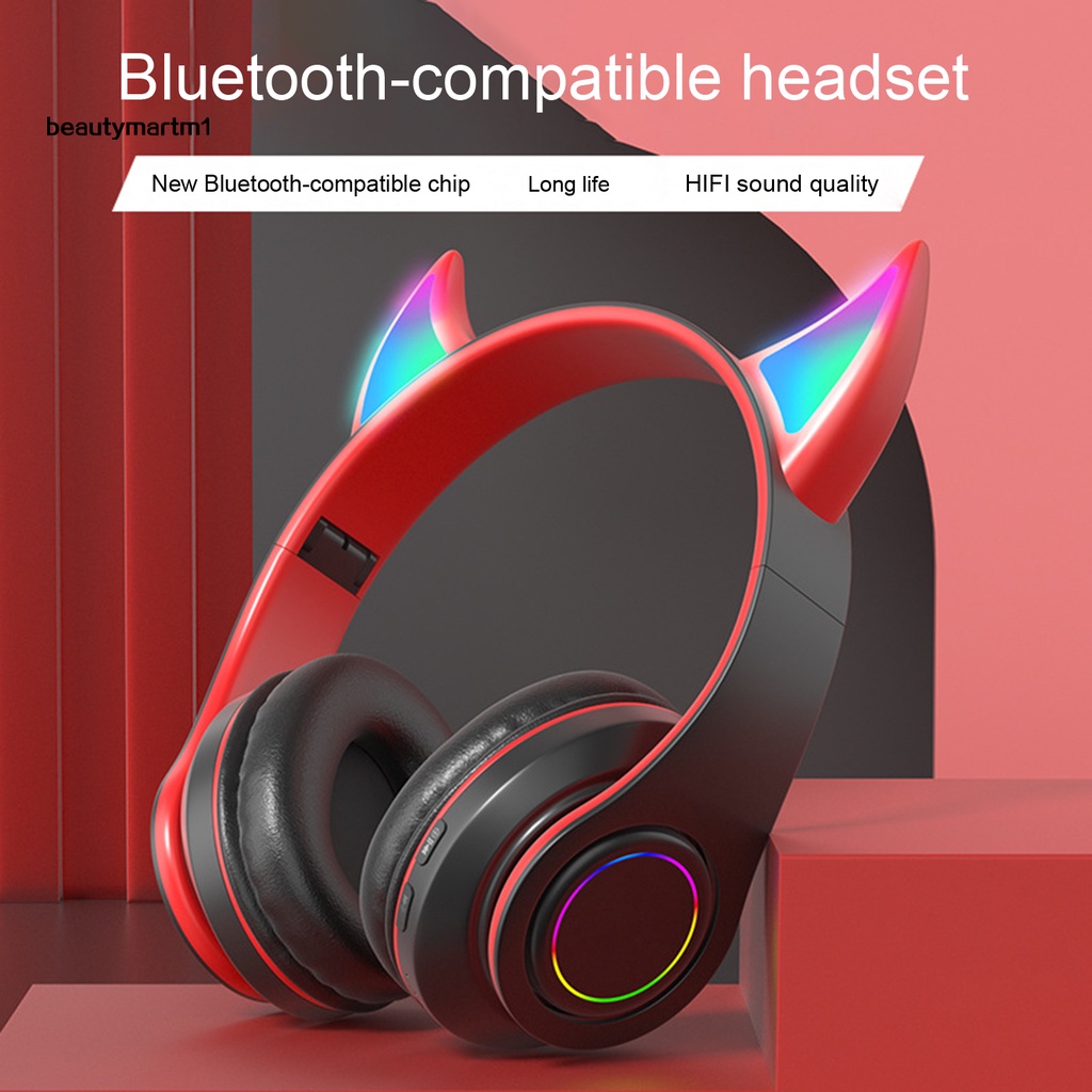 Tai Nghe Bluetooth Không Dây Beautymartm1 Có Đèn LED Hình Tai Quỷ Dễ Thương
