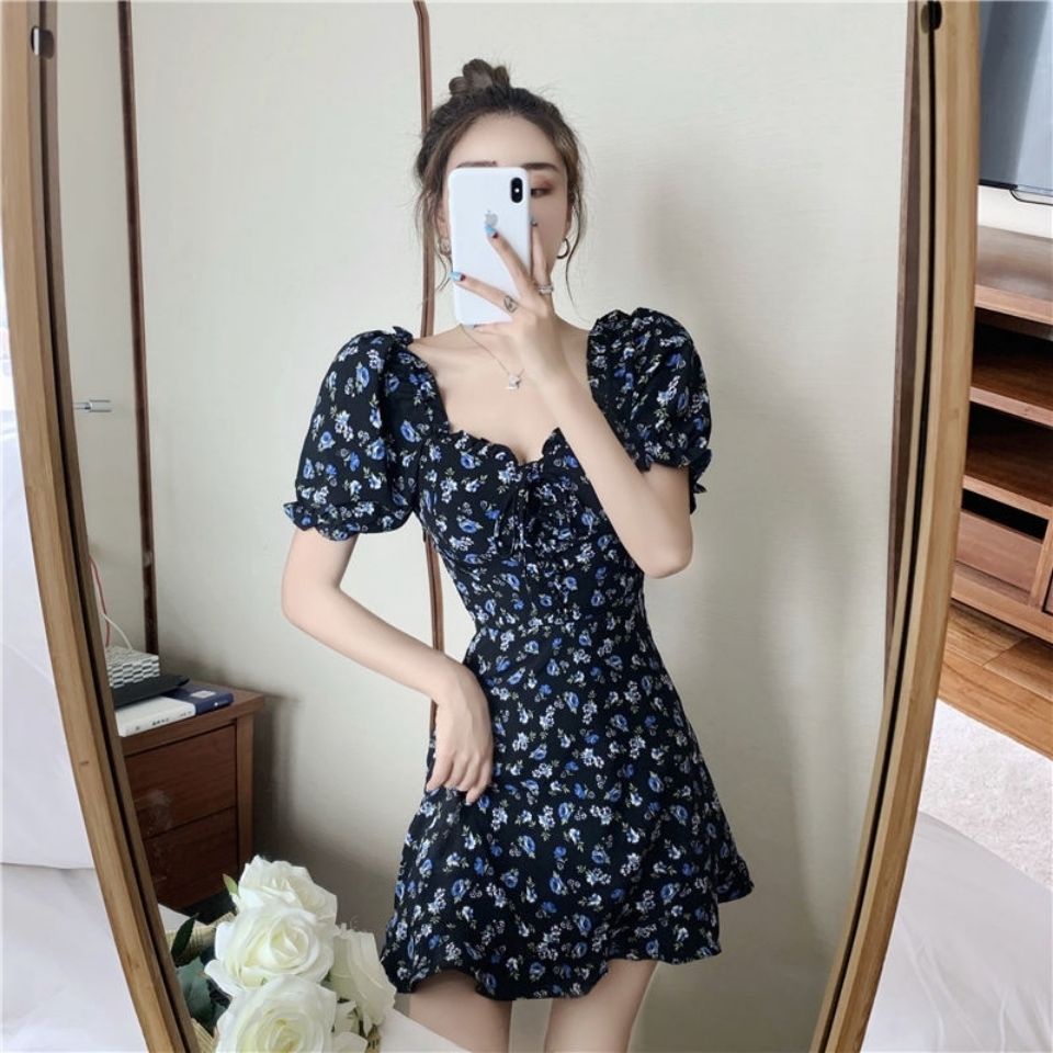 Đầm ngắn in hoa phong cách retro Pháp cho nữ
