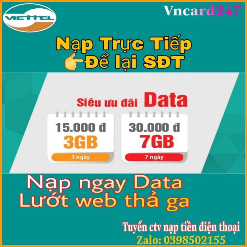 Thẻ Nạp Data Viettel 15k, 30k