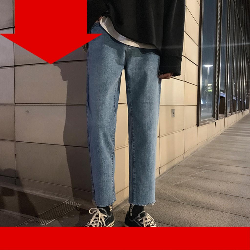 Quần Jean Baggy Nam Ống Rộng Cắt Gấu Màu Xanh Đậm Unisex Vải Không Phai Màu-B03