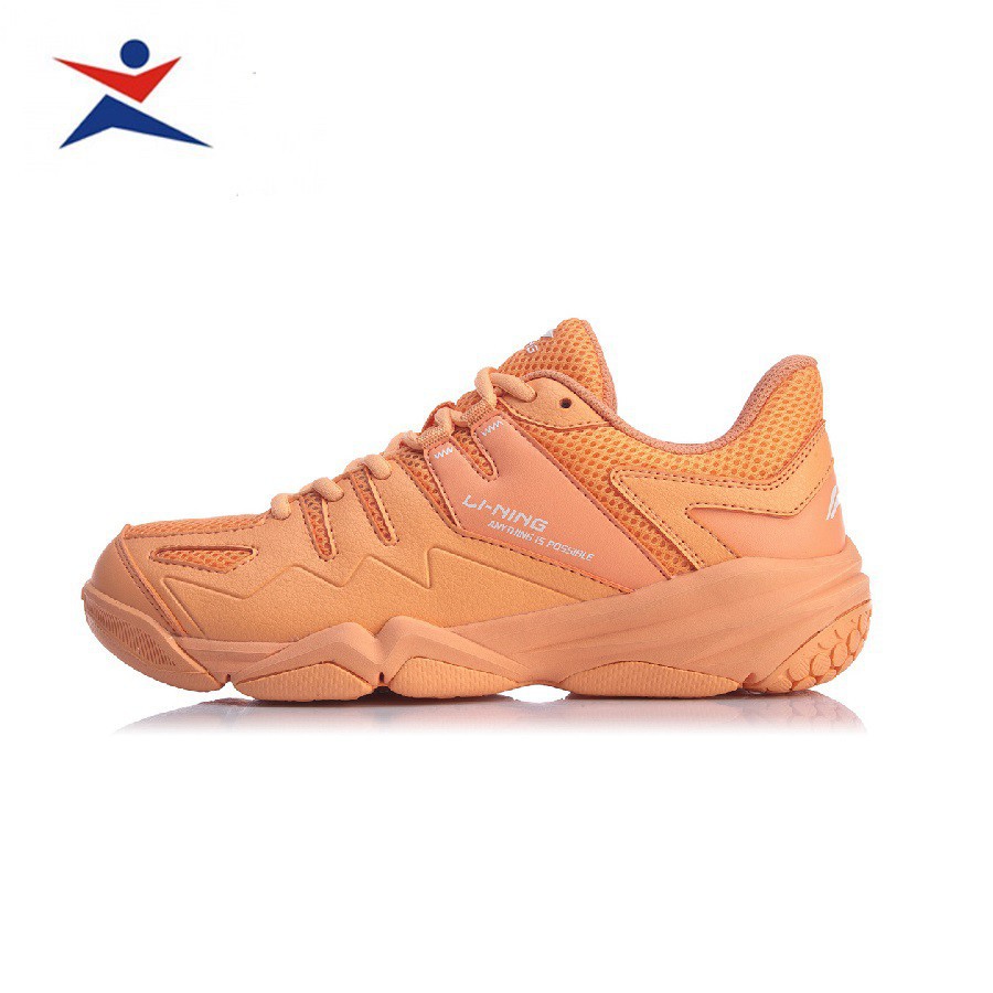 Giày cầu lông nữ Lining AYTQ008-3 mẫu mới, chống lật cổ chân, giảm chấn hiệu quả, màu cam da, đủ size Uy Tín