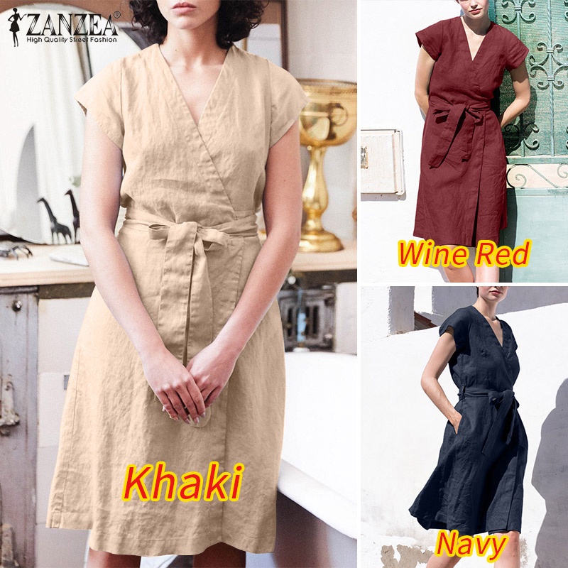 Zanzea Đầm Tay Ngắn Cổ Chữ V Phong Cách Châu Âu Thời Trang Cho Nữ