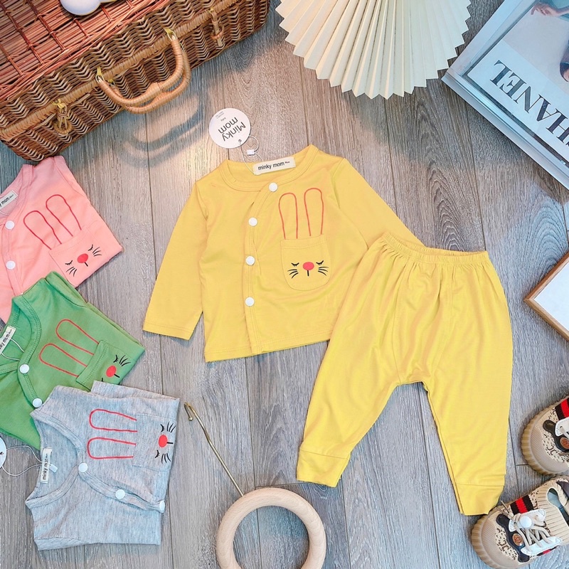 Bộ quần áo dài sơ sinh mùa hè điều hoà cúc cài lệch vải thun lạnh sài gòn Minky mom quần đáp đũng đóng bỉm cho bé