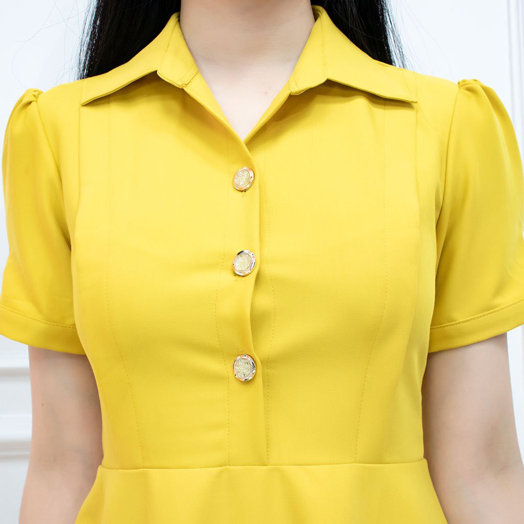 Đầm công sở thiết kế AMYRA Váy dáng Xòe Cổ Sơ Mi màu Vàng Trơn Nút chất liệu cotton lạnh Da032 | BigBuy360 - bigbuy360.vn