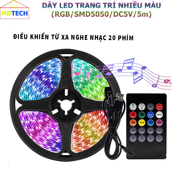 Dây LED đổi màu RGB Nháy theo nhạc, kết nối nguồn USB, điều khiển từ xa - Trang trí lễ hội, sân vườn, nhà cửa