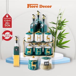 Bộ đựng gia vị nhà bếp gồm hũ gia vị thủy tinh kèm kệ gỗ tre 3 tầng phong cách Bắc Âu Fiore