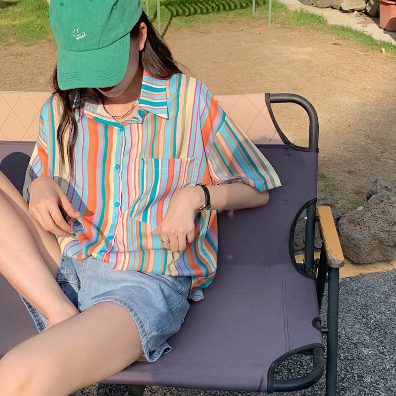 SUXI Áo sơ mi tay ngắn dáng rộng kẻ sọc màu cầu vồng thiết kế thời trang mùa hè cho nữ