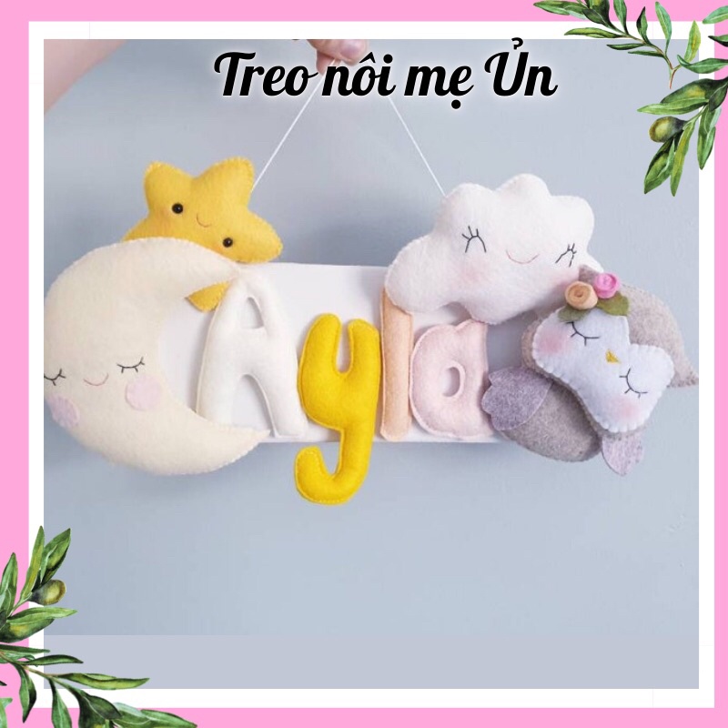 Bảng tên treo phòng ngủ handmade, bảng tên trang trí thôi nôi cực đẹp mẫu Mây và Cú Xám