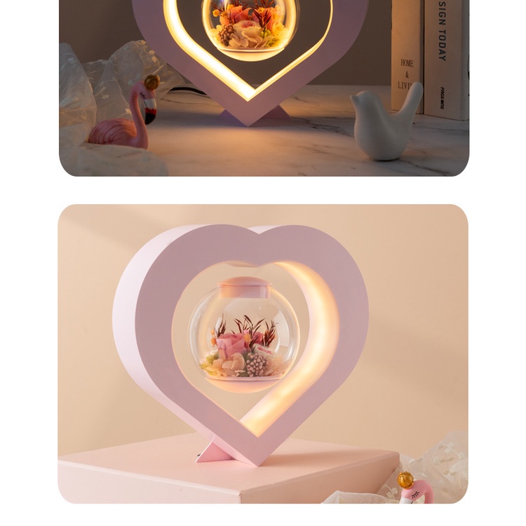 Đèn led trái tim quả cầu hoa hồng xoay vô cực, đèn ngủ cảm ứng xoay 360 độ