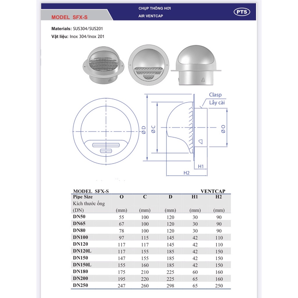 Hàng cao cấp / Chụp Thông hơi-Ventcap, Thông gió. Dùng cho ống  D60-76-90--125-140  Inox 304