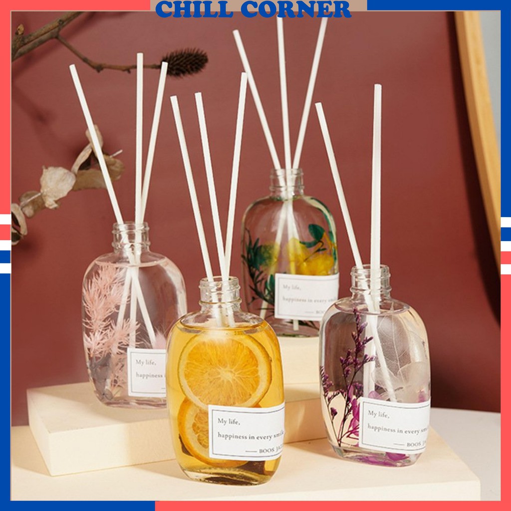 Tinh dầu thơm phòng 100ml có hoa khô nổi trong lọ có que khuếch tán hương thơm thiên nhiên TD36