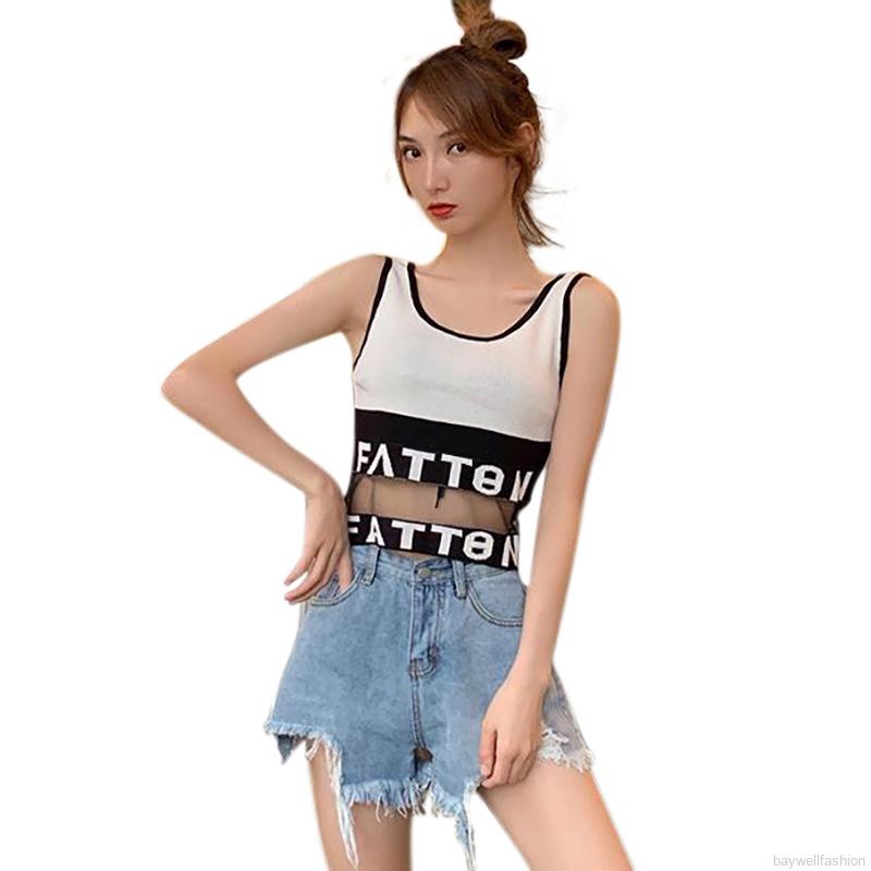 [Baywellfashion]Open Navel Mesh Splicing Knitted Camisole Sleeveless Top | BigBuy360 - bigbuy360.vn