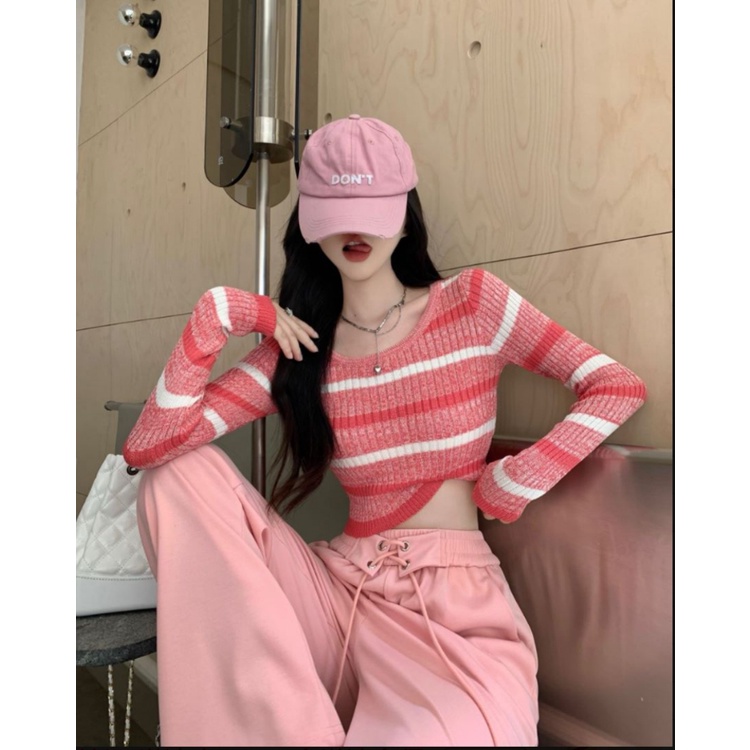 ZHELIHANGFEI Áo dệt kim dệt kim nữ dài tay, eo cao, trễ vai, gợi cảm