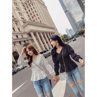 Tk437-áo kiểu chấm bi tay dài cổ tim s-6xl